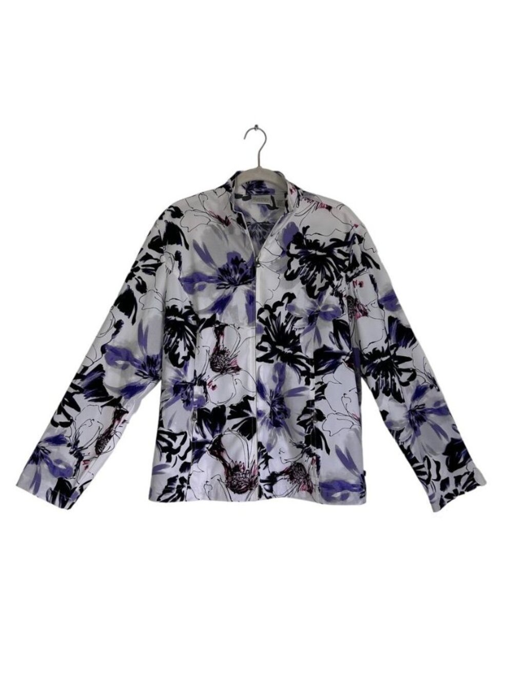 Chico's Zenergy Women's Floral Zip Jacket in White/Purple/Black - Size 2 (L)